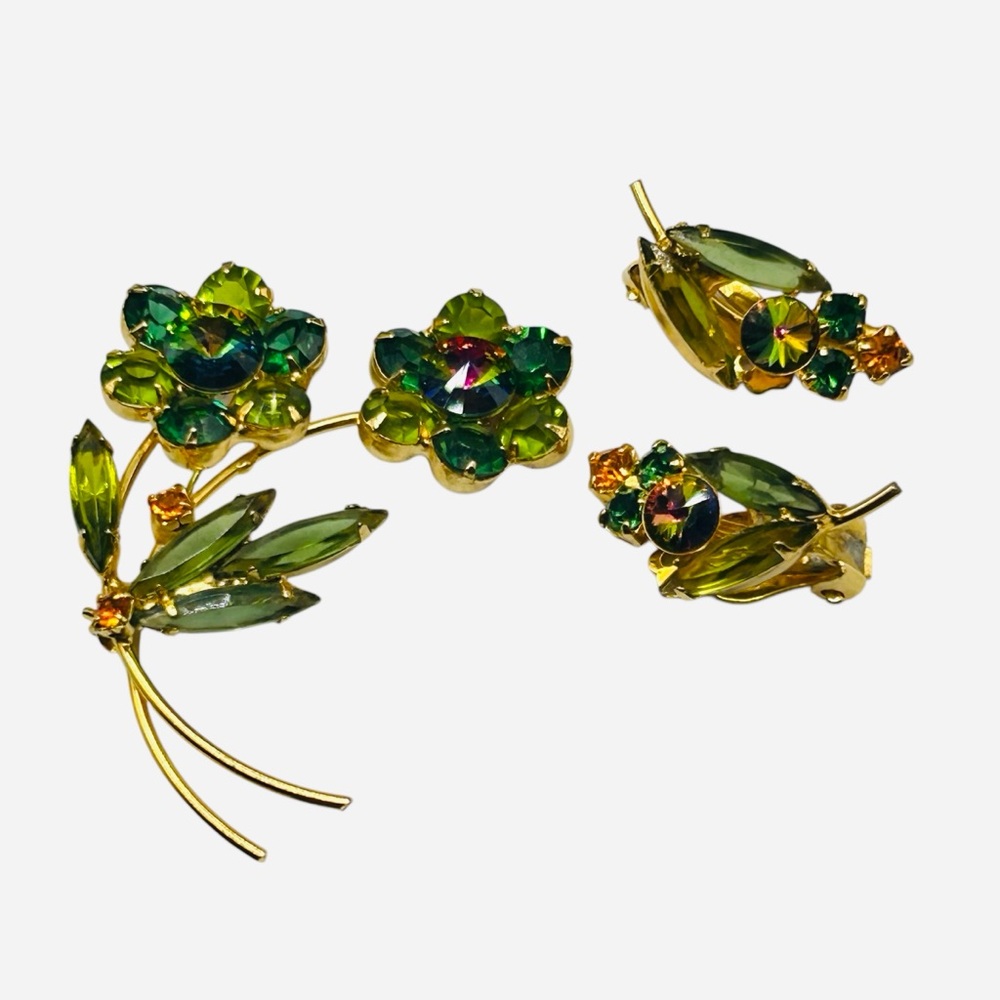 Vintage Green Watermelon Rivoli Flower Brooch and Earring Set